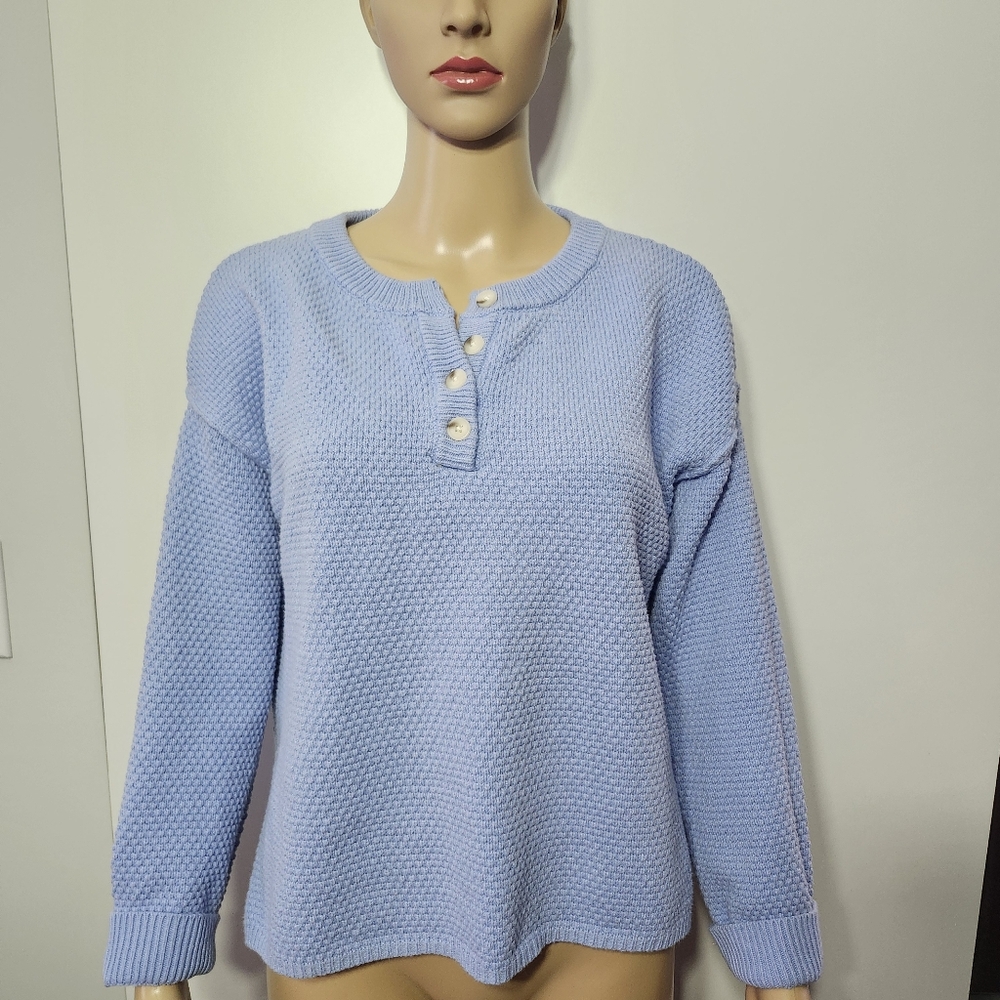 SINCERELY JULES Light Blue Oversized Henley Knit Sweater Cotton Blend Size XS‎